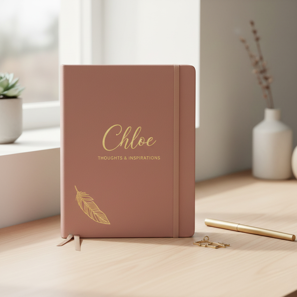 Personalisiertes Notizbuch auf einem Schreibtisch in einem Teenager Zimmer