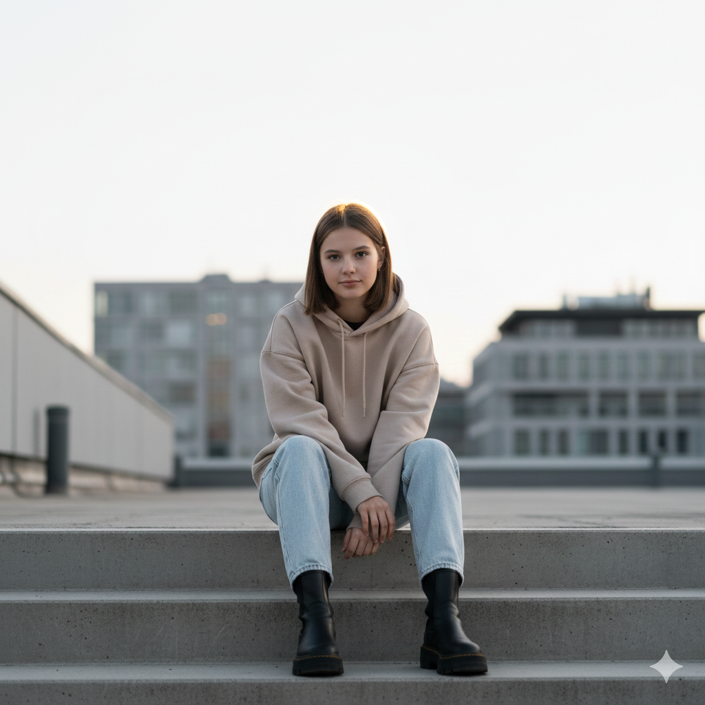 Teenager Mädchen trägt einen Hood und sitzt auf Stufen auf einer Dachterasse 