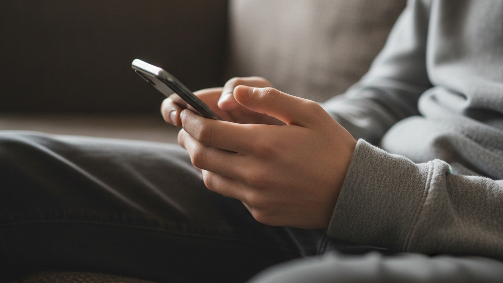 Teenager Junge hält sein Handy in der Hand