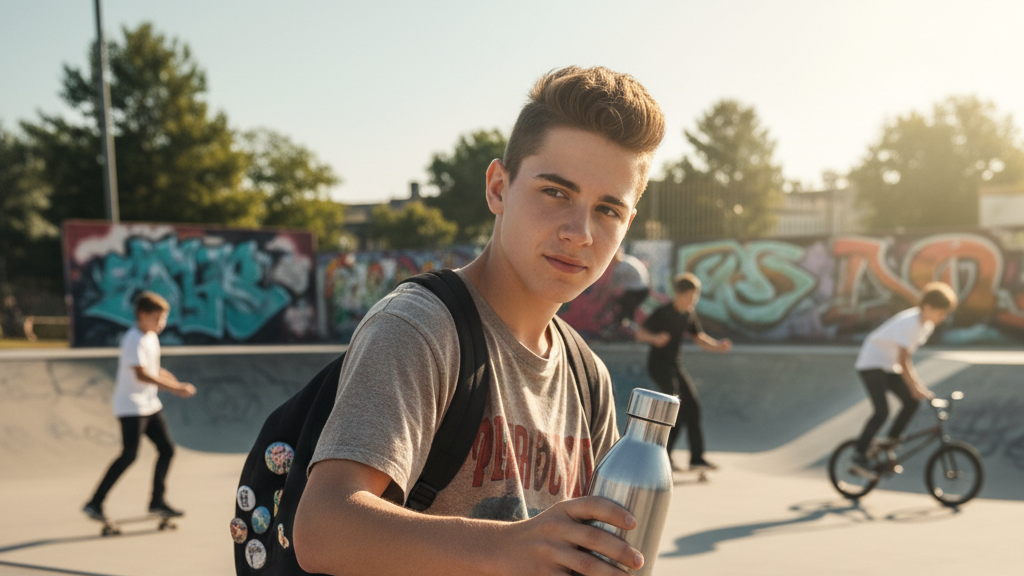 Teenager Junge ist im Skatepark und hält eine Trinkflasche