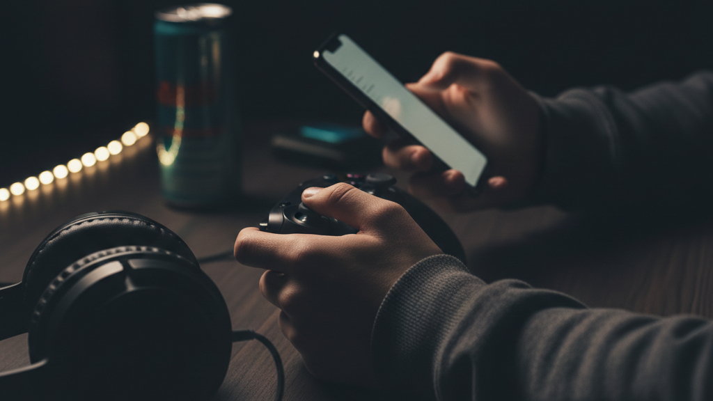 Teenager Schreibtisch mit Handy Kopfhörern und Bildschirm