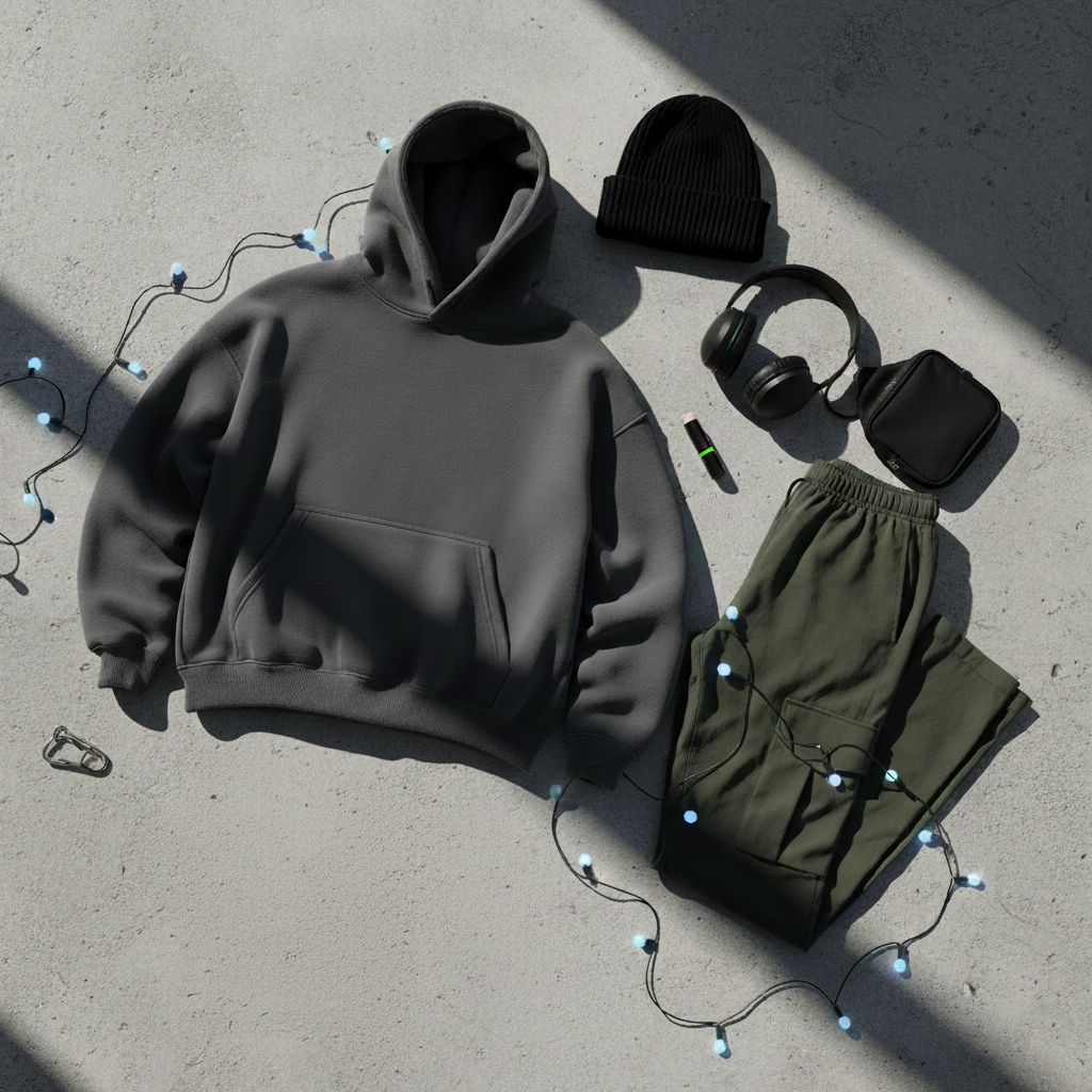 Teenager Kleidung ausgebreitet auf dem Boden