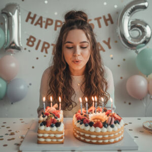 Teenager Mädchen pustet die Kerzen auf Ihrer Geburtstagstorte zum 16. Geburtstag aus