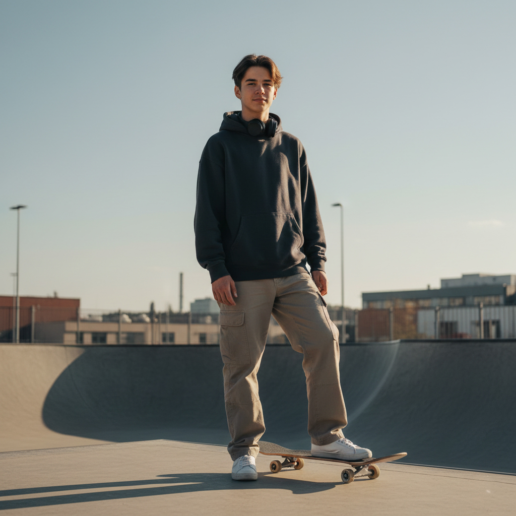Teenager Junge mit einem Skateboard auf einer Dachterasse