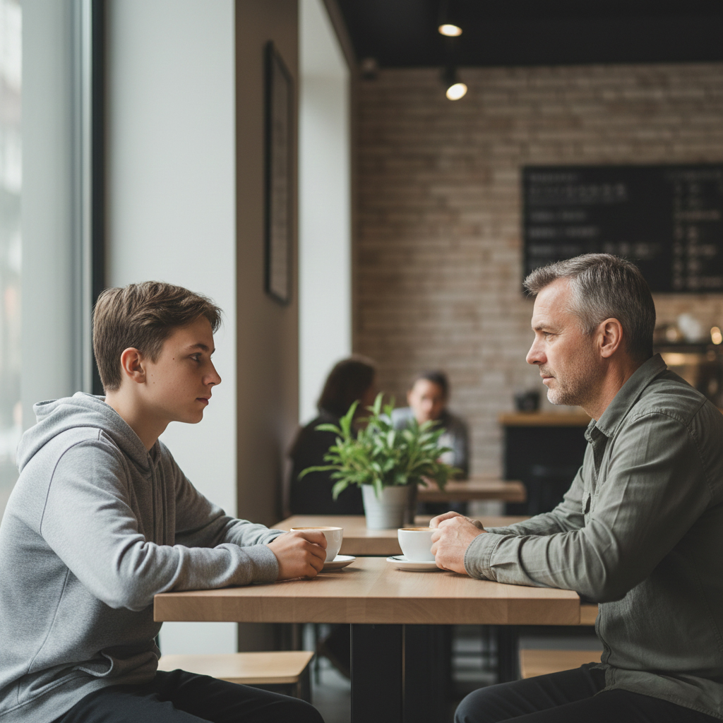 Vater unterhält sich mit seinem Teenager Sohn 