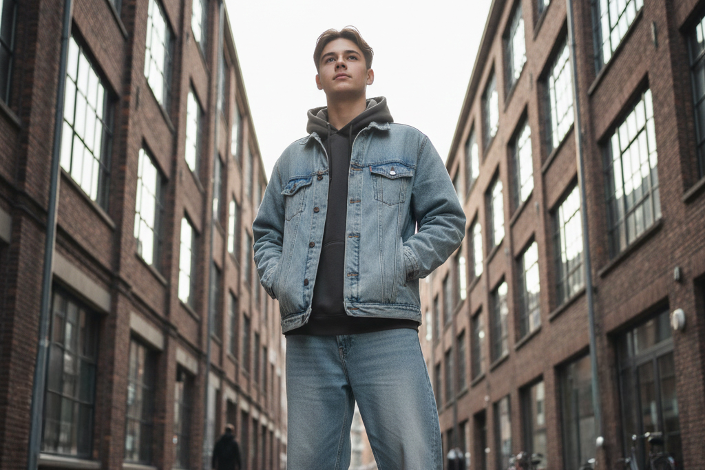 Teenager-Junge steht zwischen Backsteingebäuden in einer Stadt