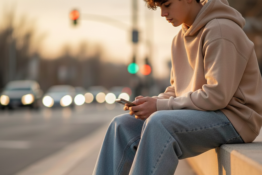 Teenager Junge sitzt an einer Bushaltestelle und schaut auf sein Smartphone 