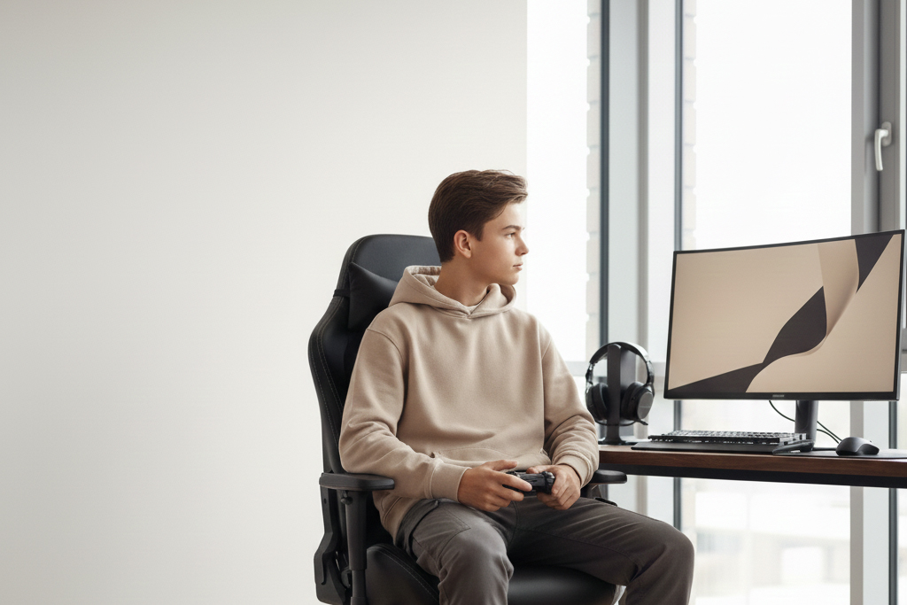 teenager sitzt an seinem Schreibtisch in einem Gaming Stuhl