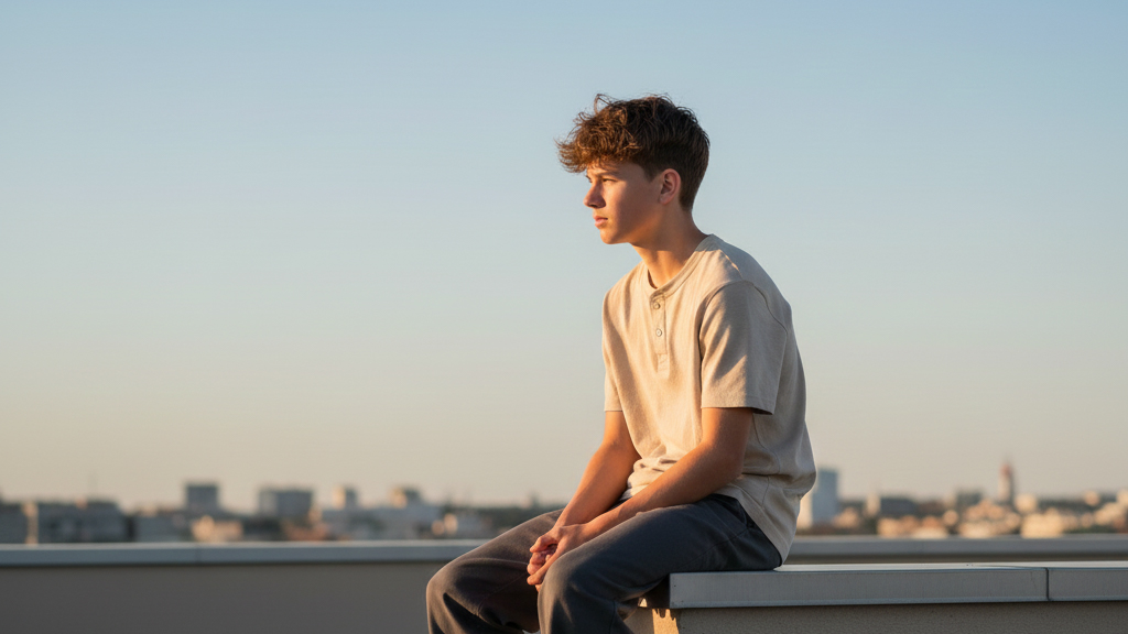 Teenager Junge sitzt auf einem Rooftop
