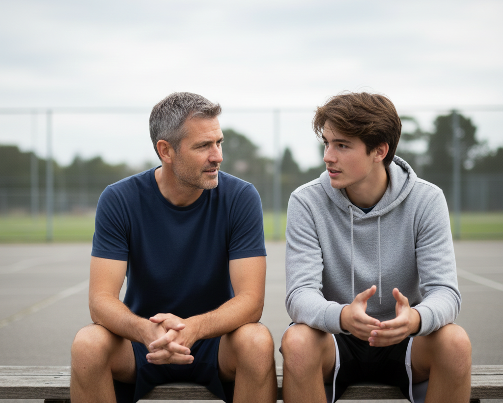Vater und jugendlicher Sohn sitzen nebeneinander und sprechen miteinander im Freien