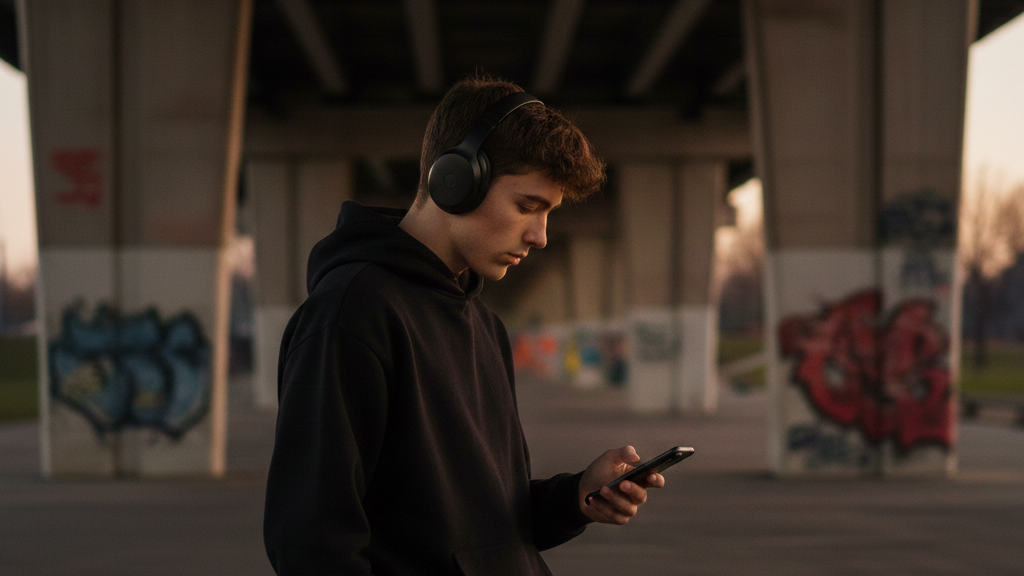 Teenager Junge mit Kopfhörern und Handy