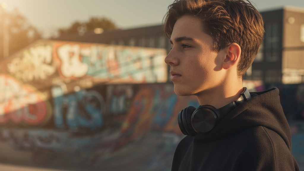 Teenager Junge im Seitenprofil in einem Skatepark