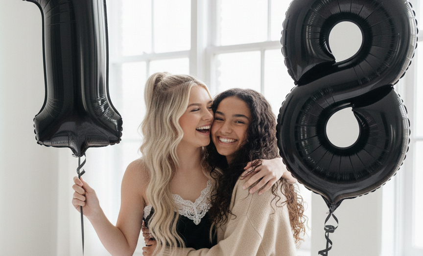 Teenager Mädchen mit ihrer Freundin und Zahlen Luftballons