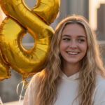Teenager Mädchen mit Luftballons zum 18. Geburtstag