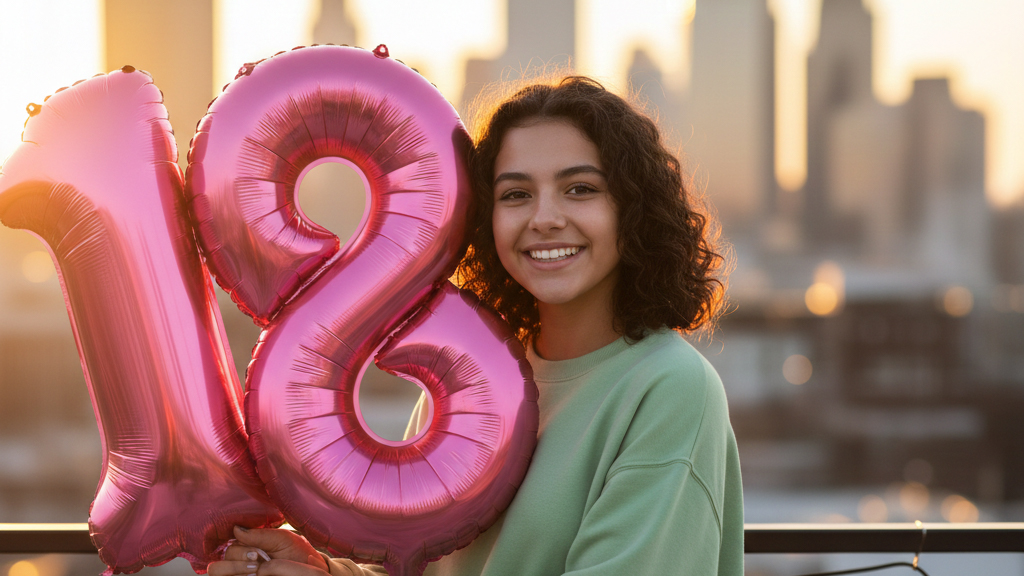 Teenager Mädchen mit Luftballons zum 18. Geburtstag