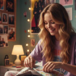 Teenager Mädchen sitzt in ihrem Zimmer und packt ien Geschenk aus