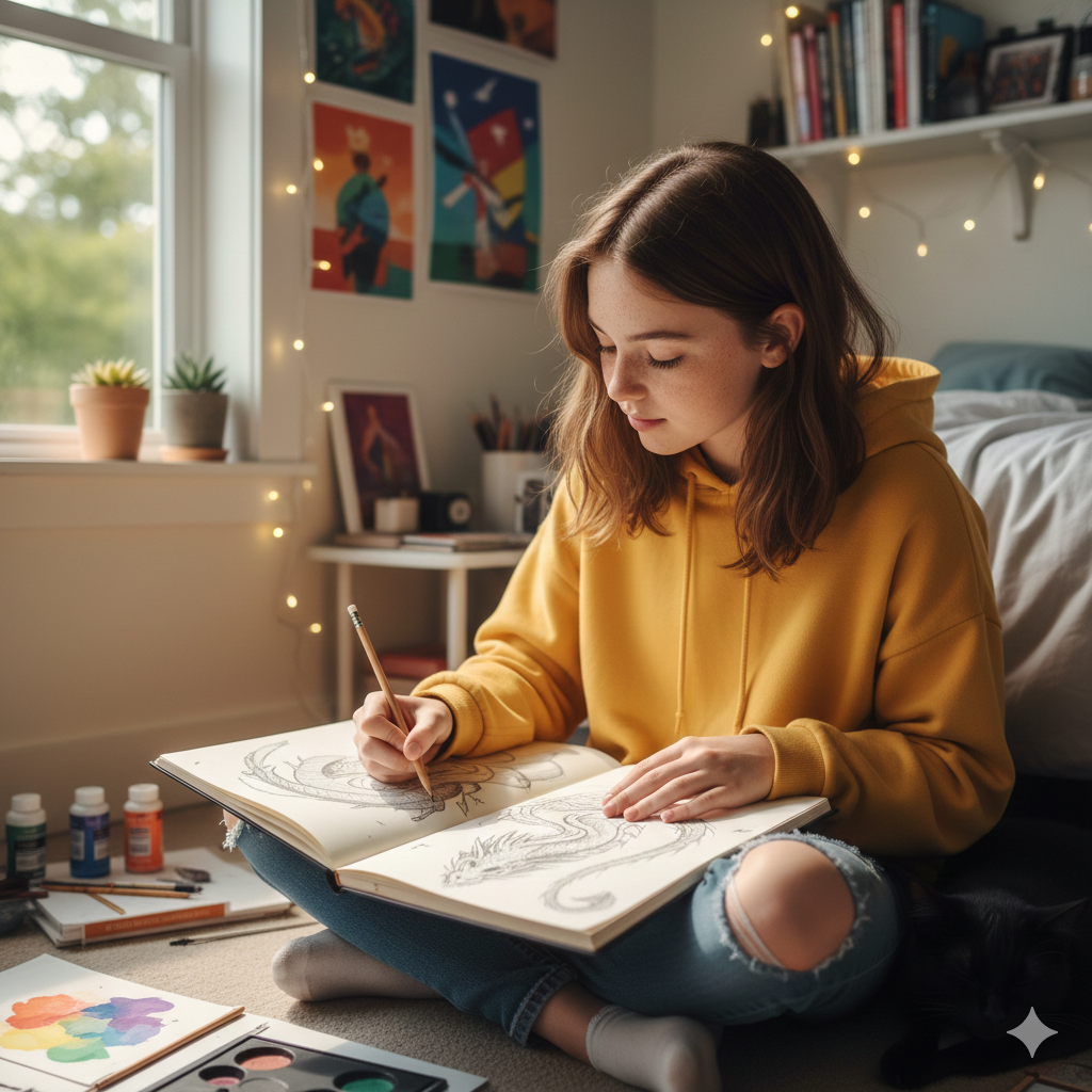 Teenager Mädchen sitzt in Ihrem Zimmer und zeichnet in einem Skizzenbuch