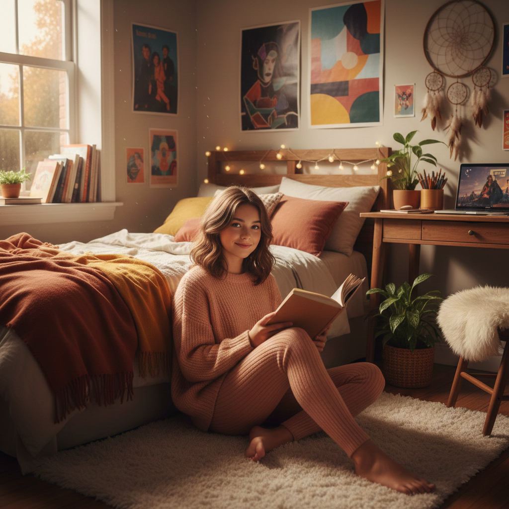 Teenager Mädchen sitzt auf dem Boden in ihrem Zimmer