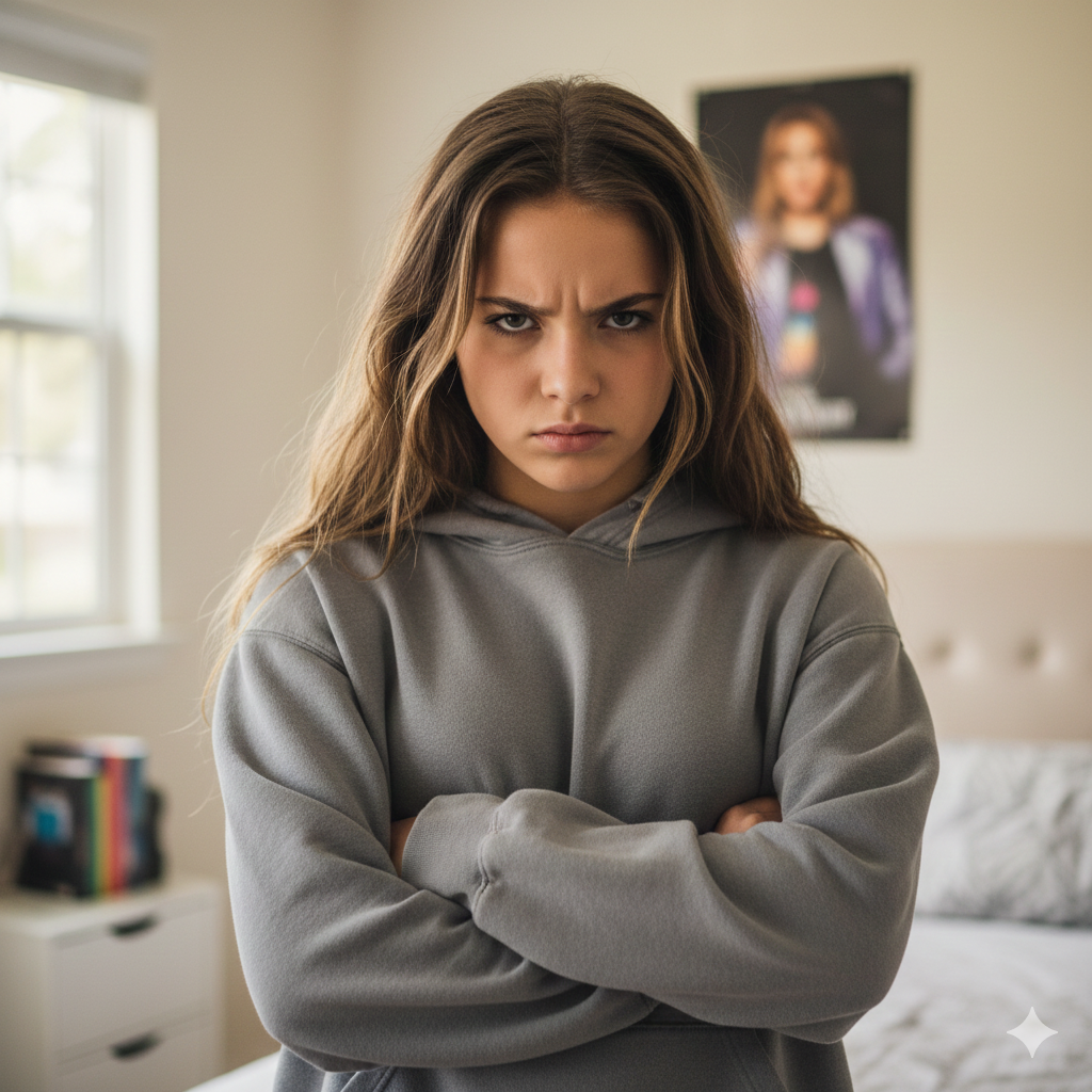 Teenager Mädchen schaut aufmüpfig und böse