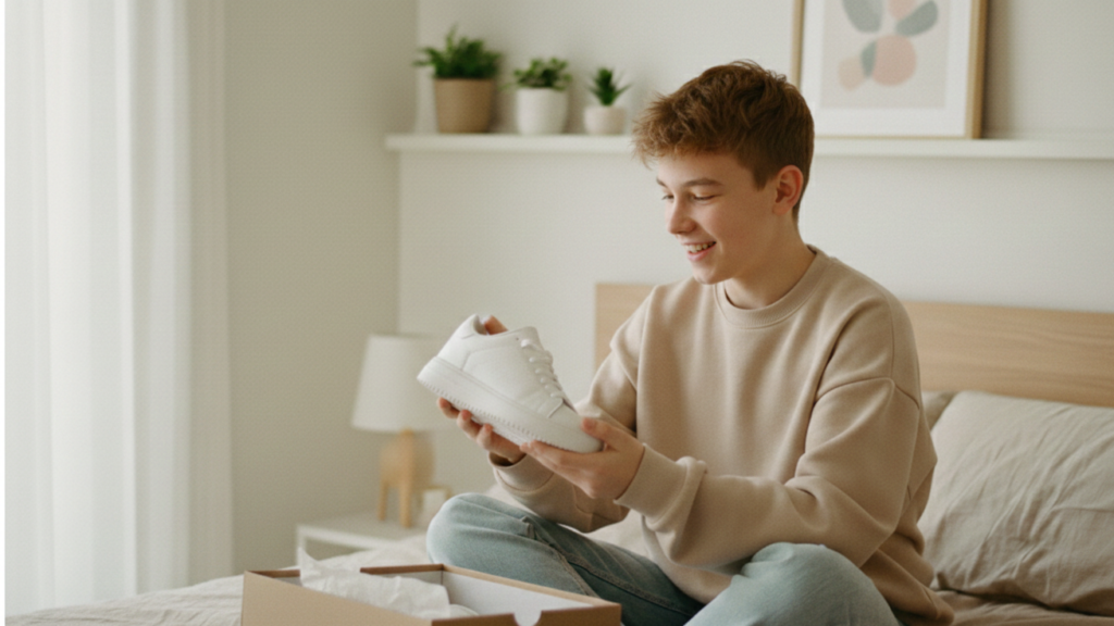 Teenager Junge freut sich über Sneaker als Geschenk zum Geburtstag