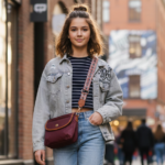Teenager Mädchen läuft durch eine urbane Gegend und trägt eine Crossbody Tasche