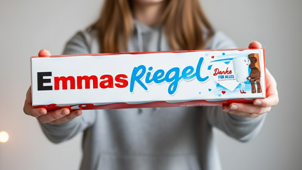 Teenager Mädchen mit einem Riesen Kinderriegel, der mit ihrem Namen personalisiert ist