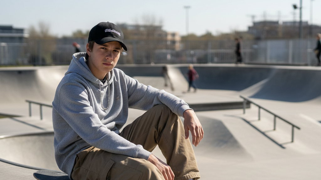 Teenager Junge sitzt lässig in einem Skaetpark