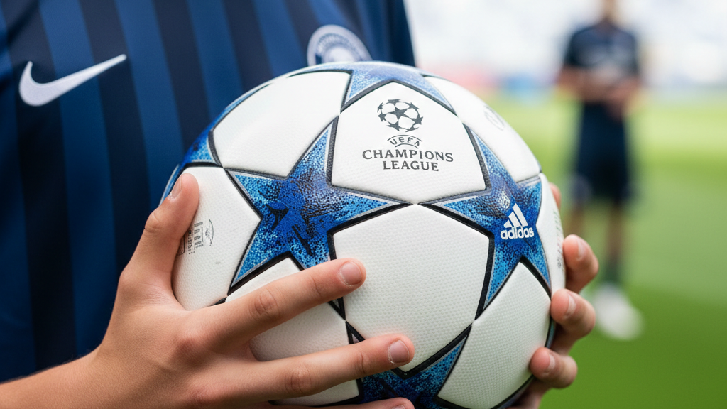 Teenager Junge hält auf einem Fußballplatz einen Fußball in den Händen