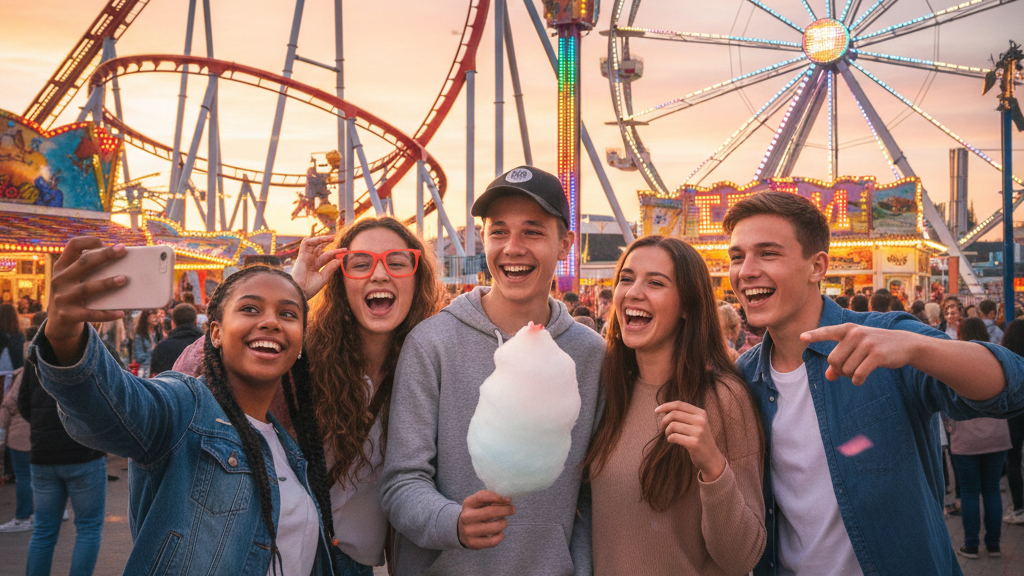 Eine Gruppe von Teenagern macht eine Selfie in einem Freizeitpark