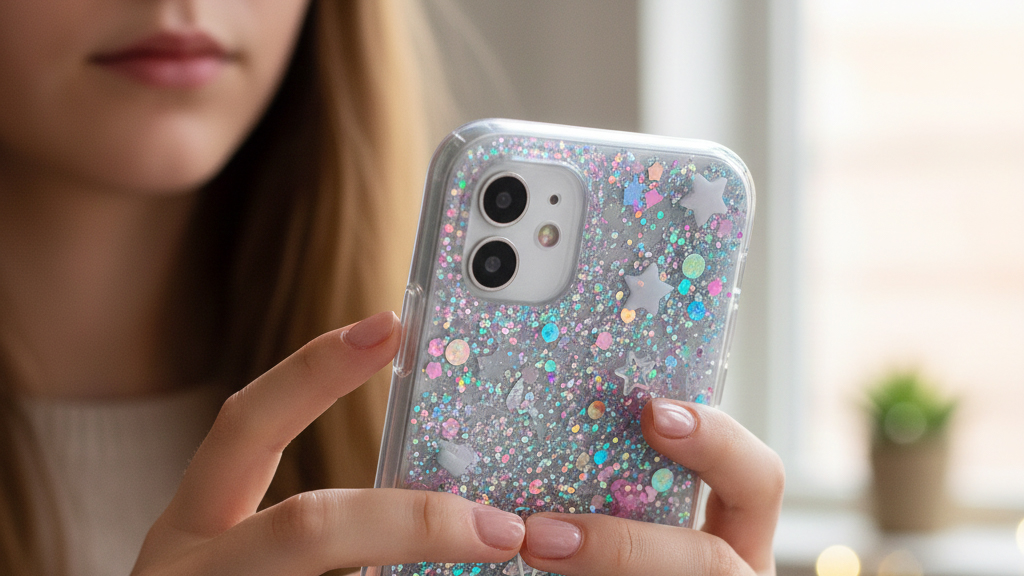 Teenager Mädchen mit einer glitzernen Hülle für ihr Handy