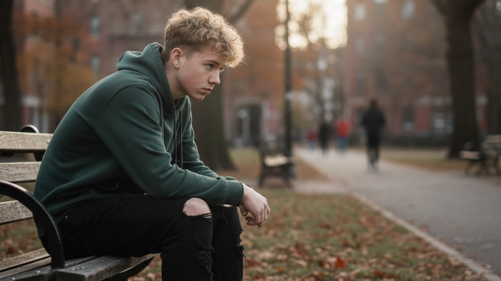 Teenager Junge sitzt nachdenklich in einem Park