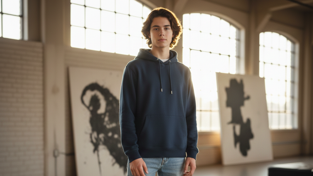 Teenager sJunge steht in einem Loft mit einem dunkelblauen Hoodie gekleidet