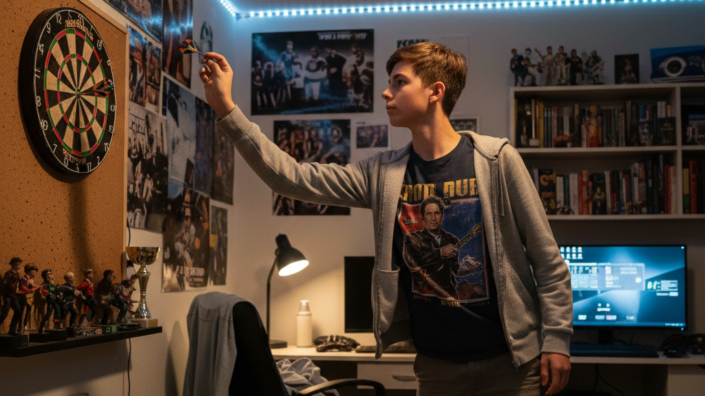 Teenager Junge spielt Darts in seinem Zimmer 