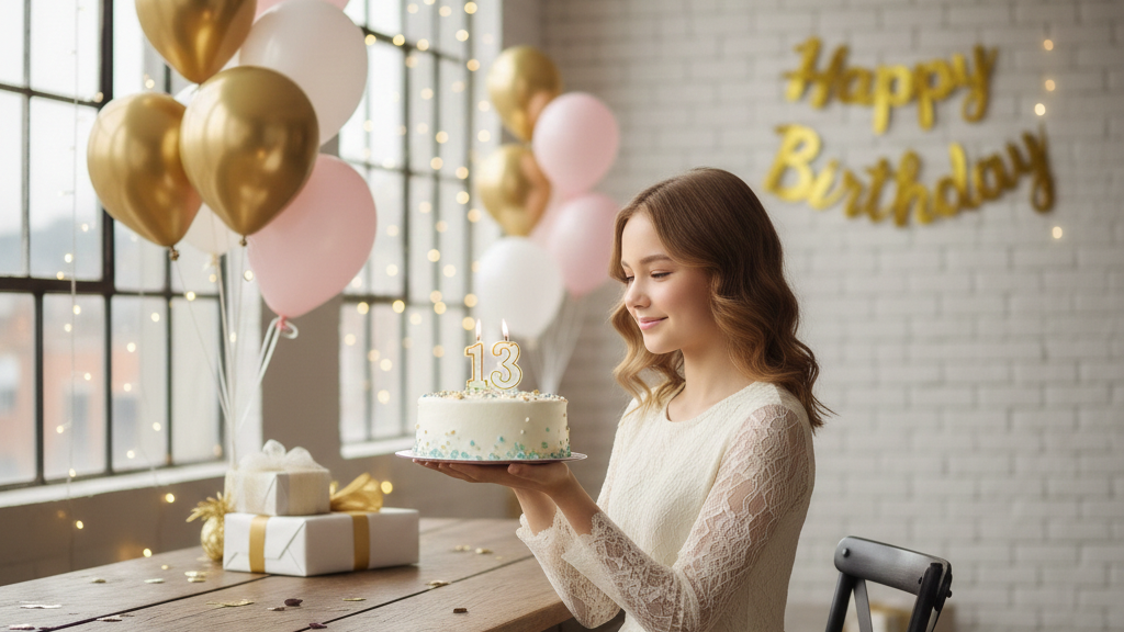 Teenager Mädchen mit geburtstagstorte zu ihrem 13. Geburtstag