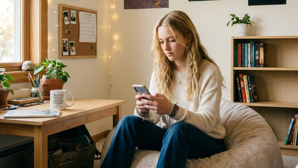 Teenager Mädchen vertieft in ihrem Handy 