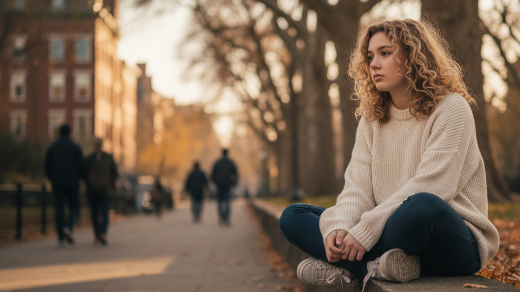 Teenager Mädchen sitzt nachdenklich in einem Park