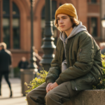 Teenager Junge sitzt entspannt in einer urbanen Gegend