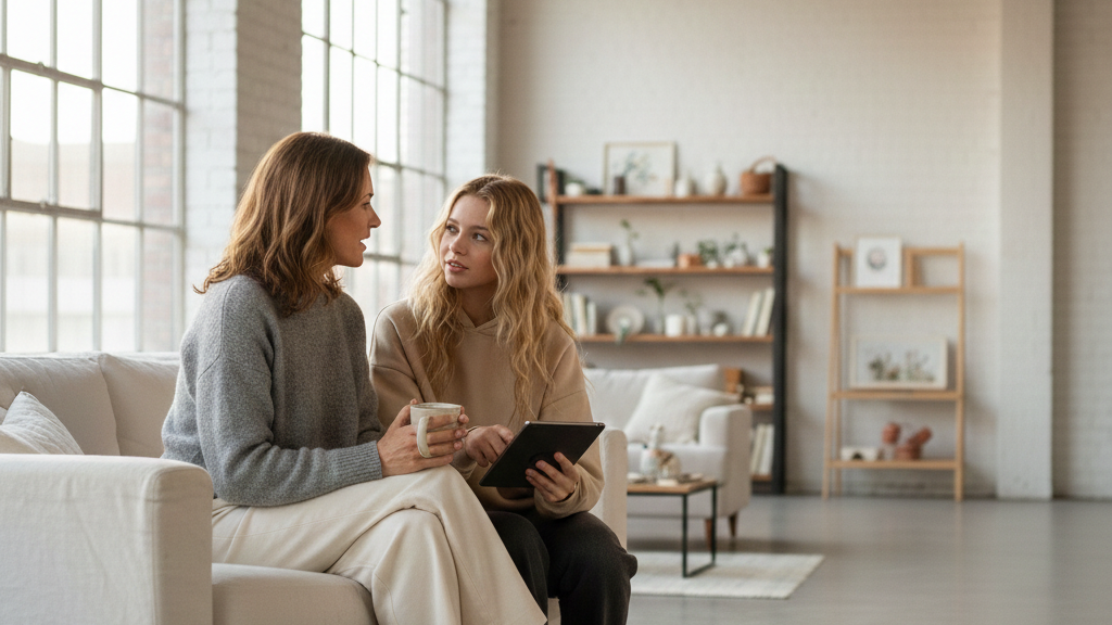 Teenager Mädchen im Gespräch mit ihrer Mutter