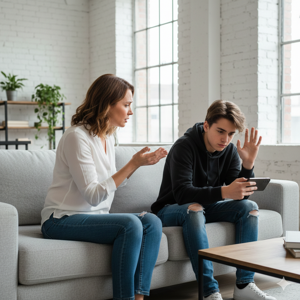 Mutter versucht mit ihrem Teenager Sohn zu reden, der Blockt das Gespräch ab und schaut auf sein Handy