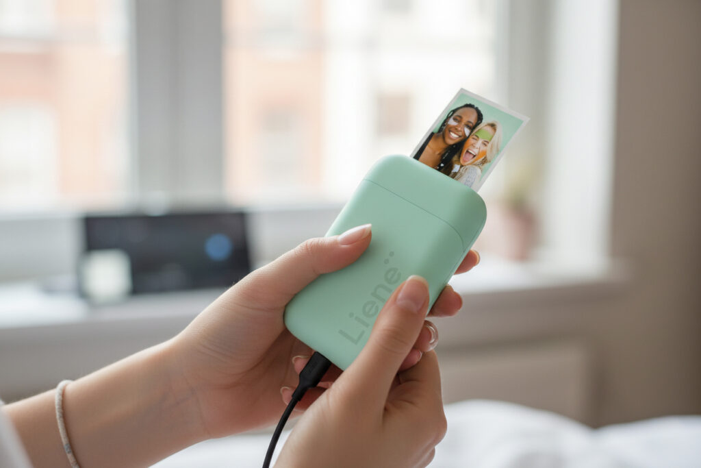 Teenager Mädchen druckt Fotos von ihrem Handy mit einem kleinen Drucker aus