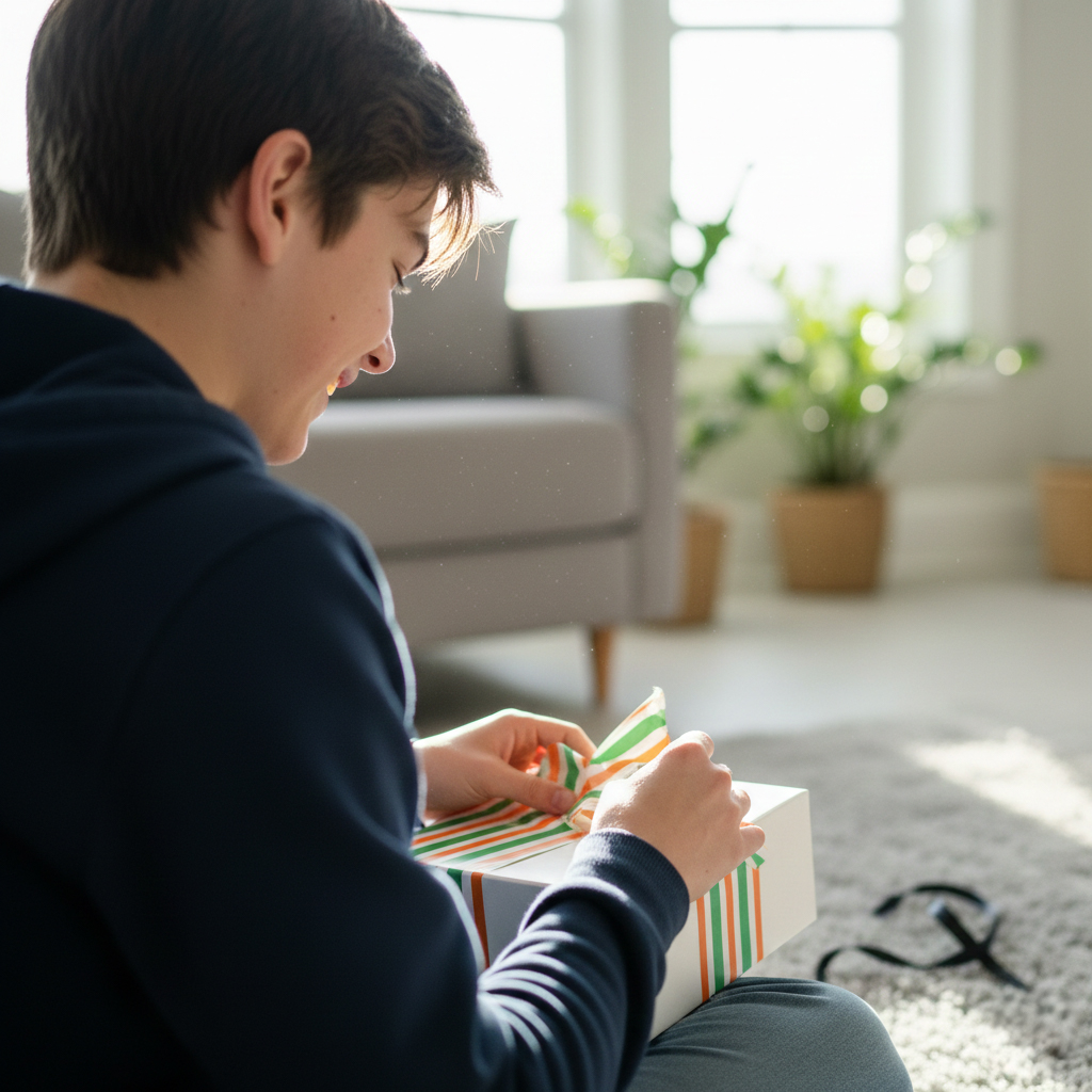 Teenager Junge packt freudig ein Geschenk aus