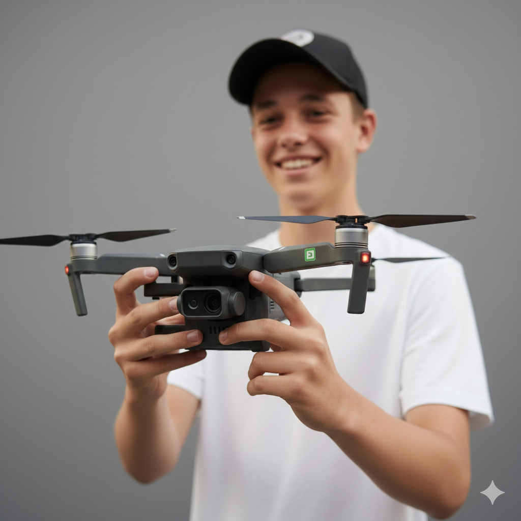 Teenager Junge hält freudig eine Drohne in die Luft