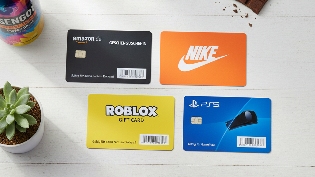 Gutscheine auf dem Tisch verteilt, für amazin, Nike, Roblox