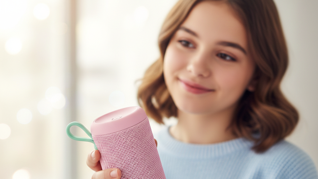 Teenager Mädchen hört Musik über eine tragbare Bluetooth Box