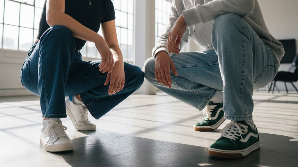 Jugendliche in einem Loft mit coolen Klamotten und stylischen Sneakern