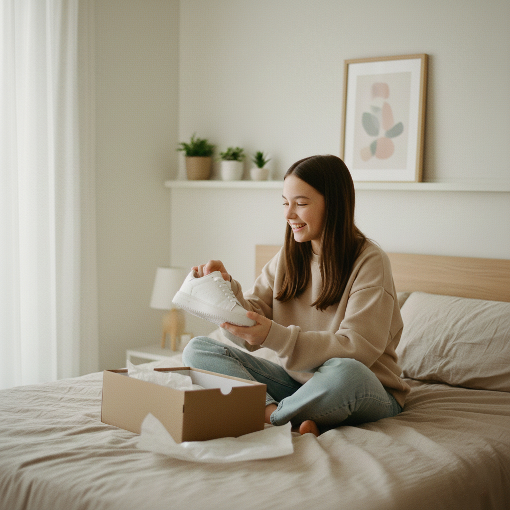 Teenager Mädchen sitzt in ihrem zimmer auf dem Bett und öffnet ein Geschenk in dem Sneaker drin sind