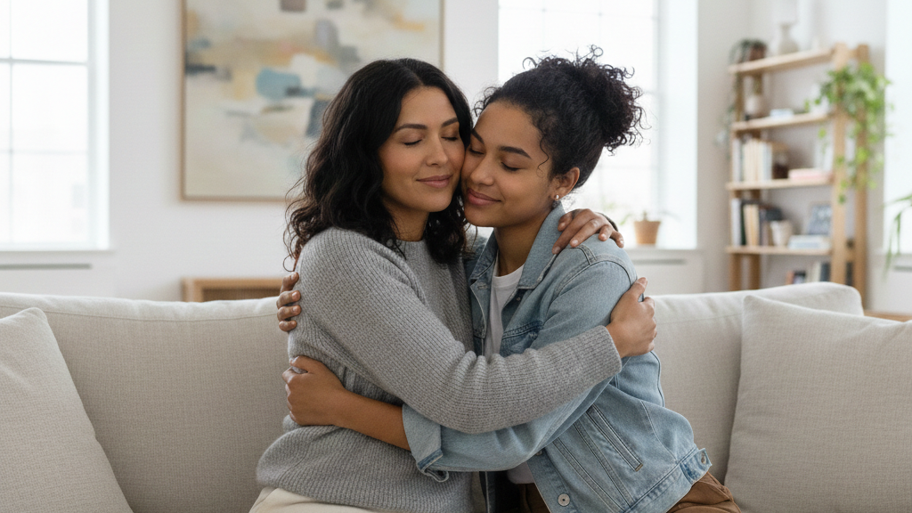 Mutter nimmt ihre teenager Tochter in den Arm