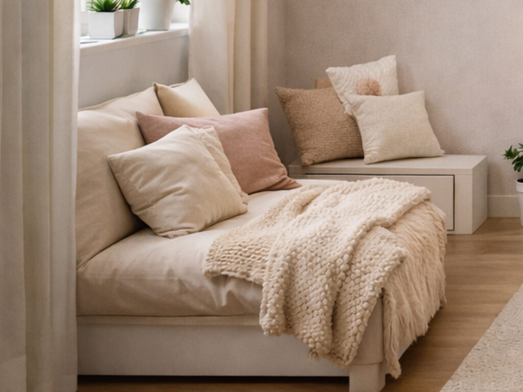 Sitzecke mit verschiedenen Kissen und Decken