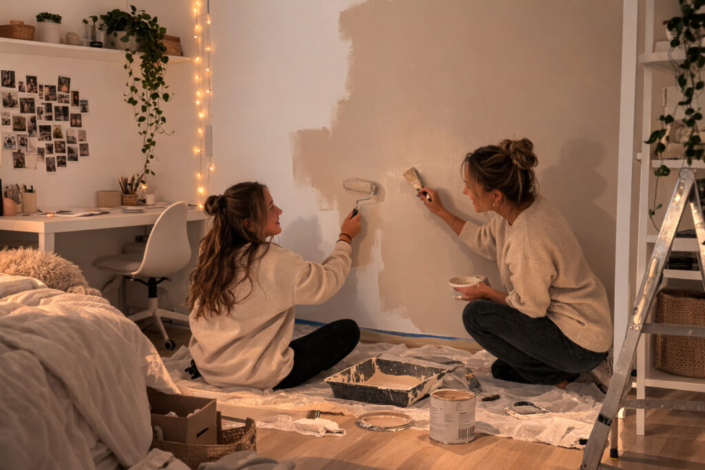Teenager Mädchen streicht mit ihrer Mutter eine Wand in Ihrem Zimmer 