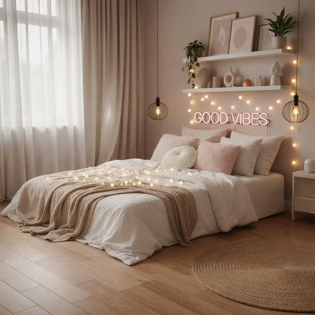 Teenager Mädchen Zimmer. mit grossem Bett in beige rosa Tönen